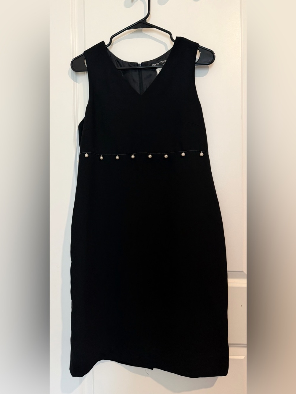 Harve Benard Vintage Black V-Neck Midi Dress with Pearl Waist Trim